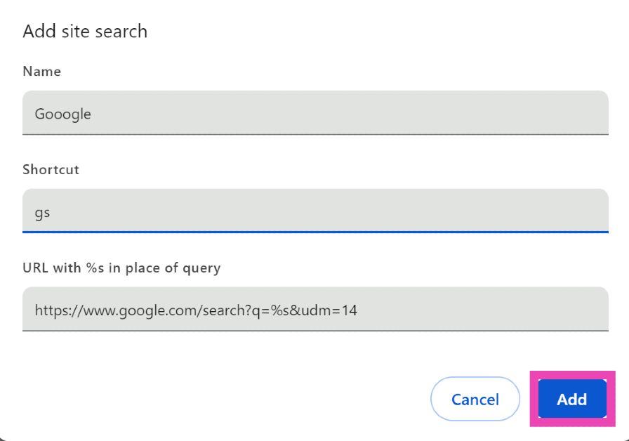 Step 5: Give the site search entry a name. We prefer Gooogle with one extra O. Enter a trigger word for the shortcut in the second text field. How to disable AI Overview in Google Search?