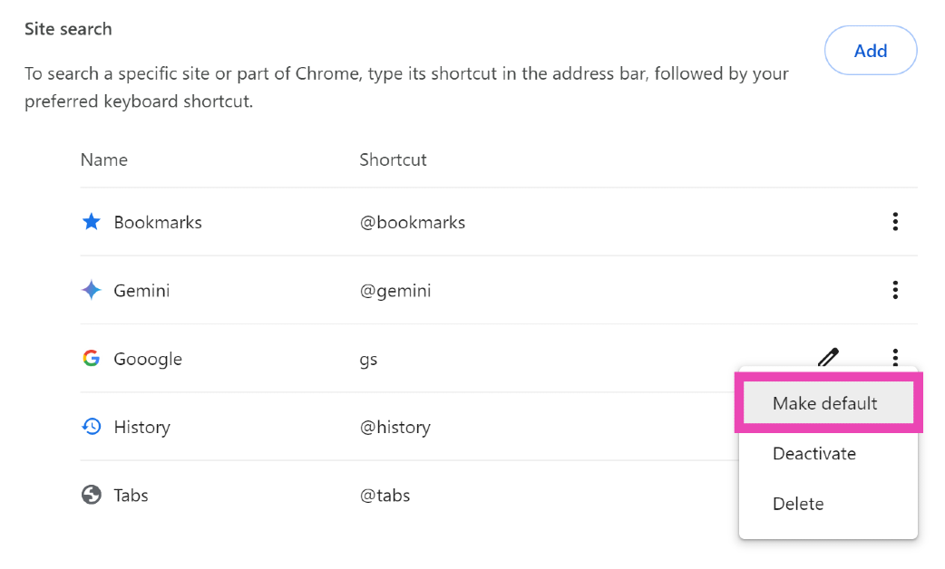 Step 7: Hit the ellipses next to the site search entry and select Make default. How to disable AI Overview in Google Search?