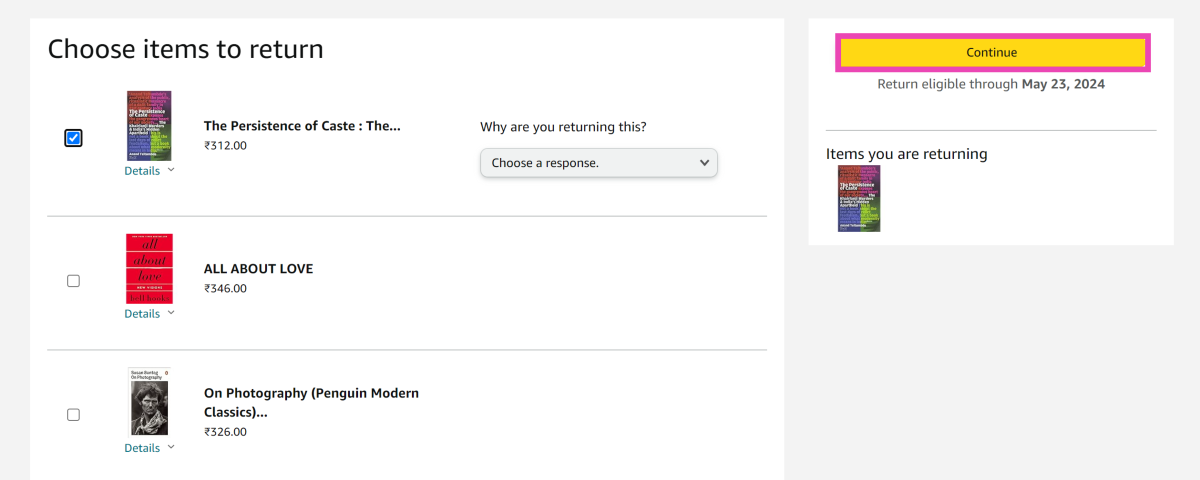Step 3: The items that are eligible for return will appear on the screen. Click the checkbox for the item(s) you wish to return. Top 3 Ways To Contact Amazon Customer Care (2024)