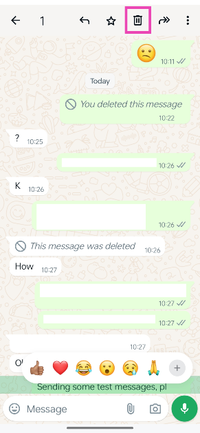 Step 2: Long-press the message you wish to delete and hit the bin icon at the top.