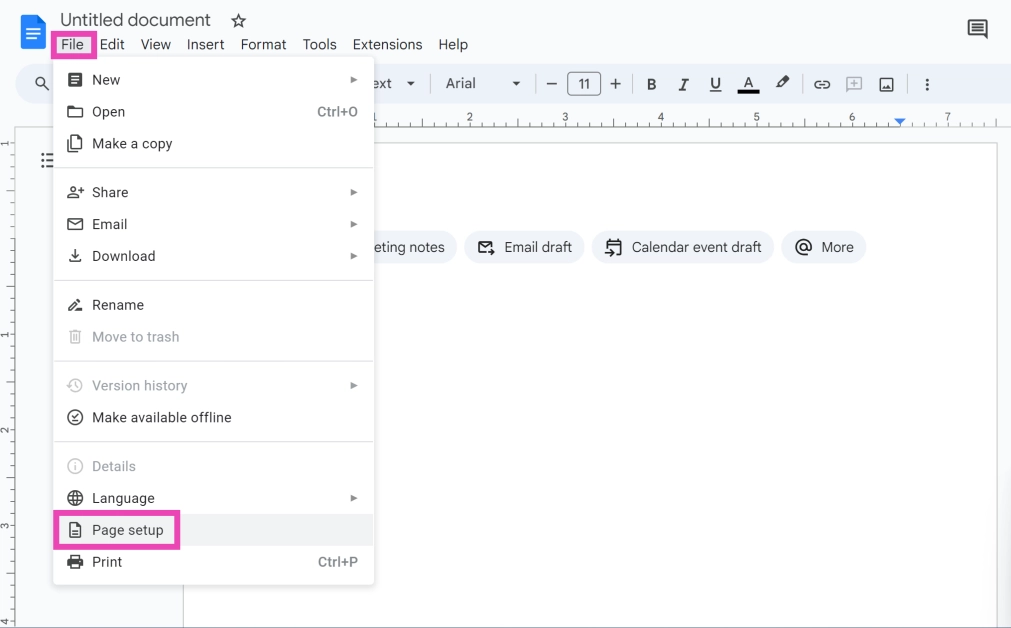 Step 2: Click on File and select Page setup.