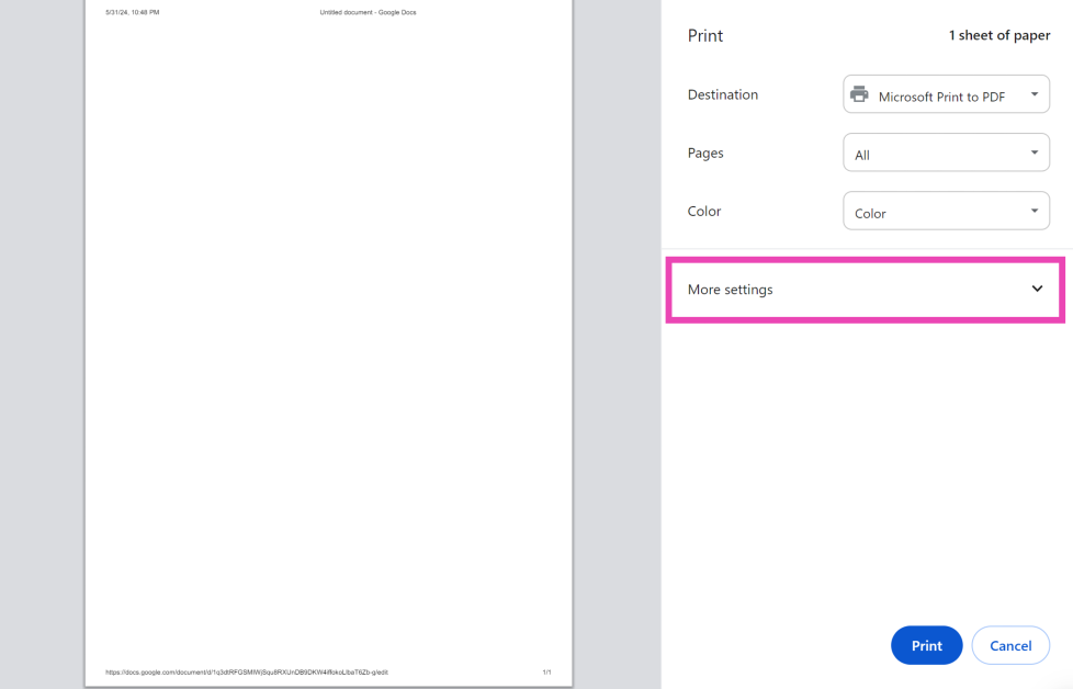 Step 3: Click on More settings. Top 3 ways to change the page size on Google Docs? (2024)