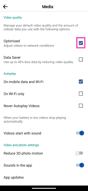 Step 4: In the Video Quality section, tap on Optimised and deselect Data saver.