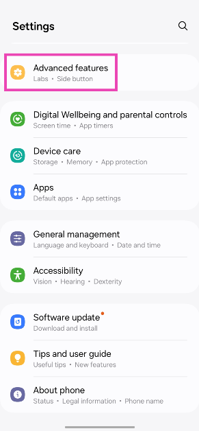 Step 1: Go to Settings and select Advanced features.