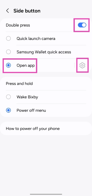 Step 3: Turn on the toggle switch for Double press and select Open app.