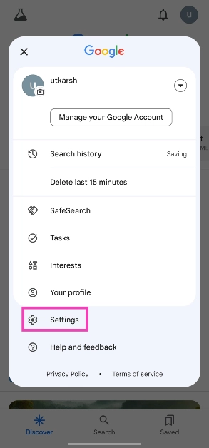 Step 1: Open the Google app, tap your profile picture, and select Settings.