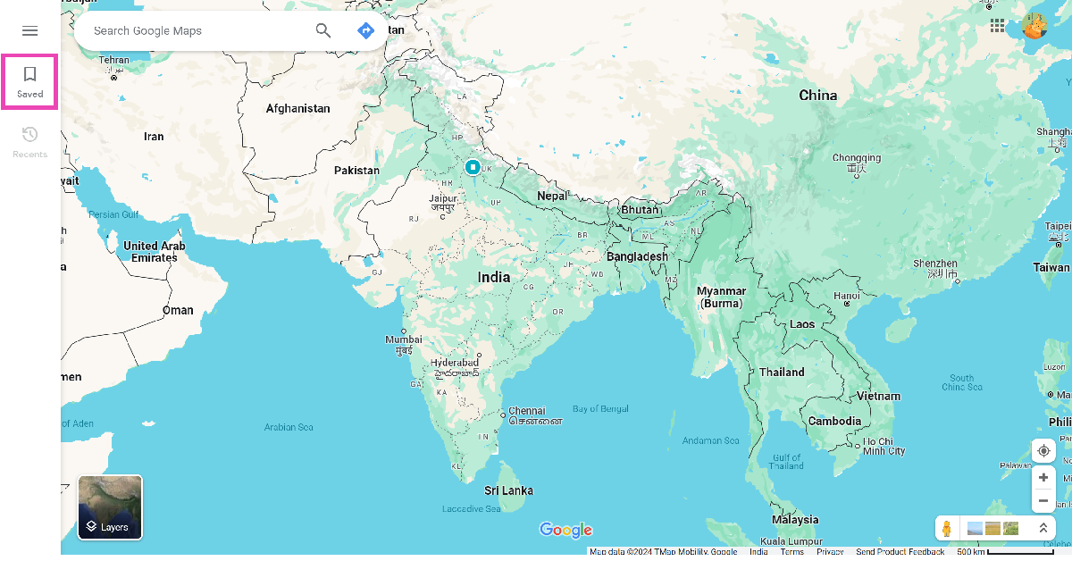 Step 1: Go to Google Maps and click on Saved in the sidebar.