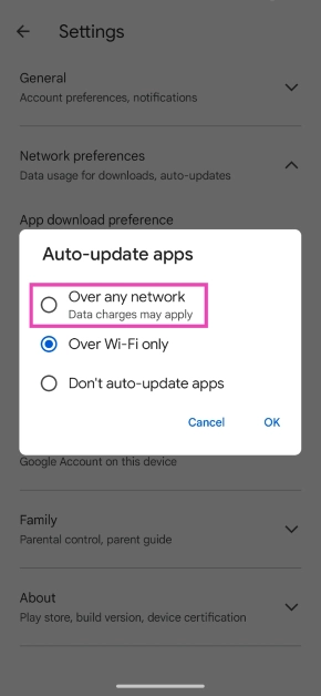 Step 4: Select Over any network.