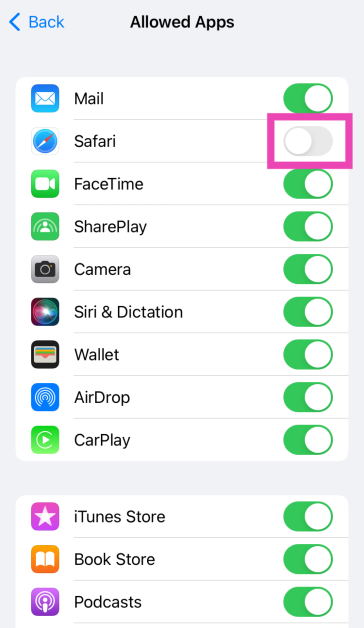 Step 5: Turn on the toggle switch for the restricted app.