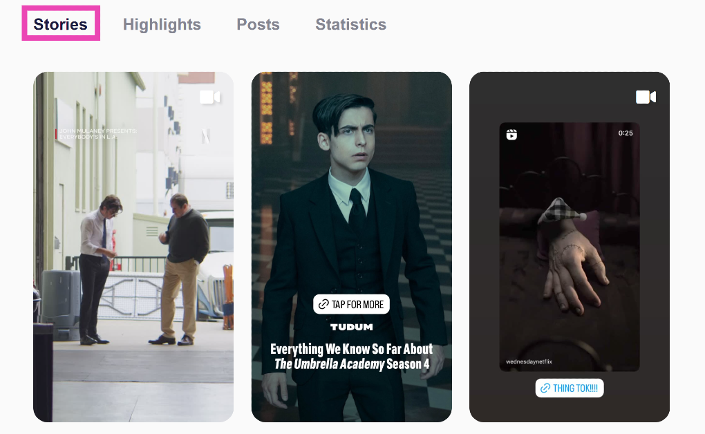 Step 3: If the account is public, you will be able to view the stories published on it. Simply click on the profile picture or scroll down to the Stories tab to view them.