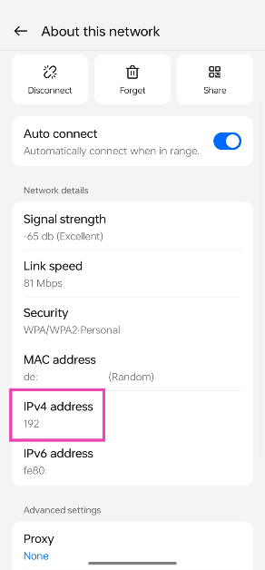 Step 3: Scroll down to view the IP address.