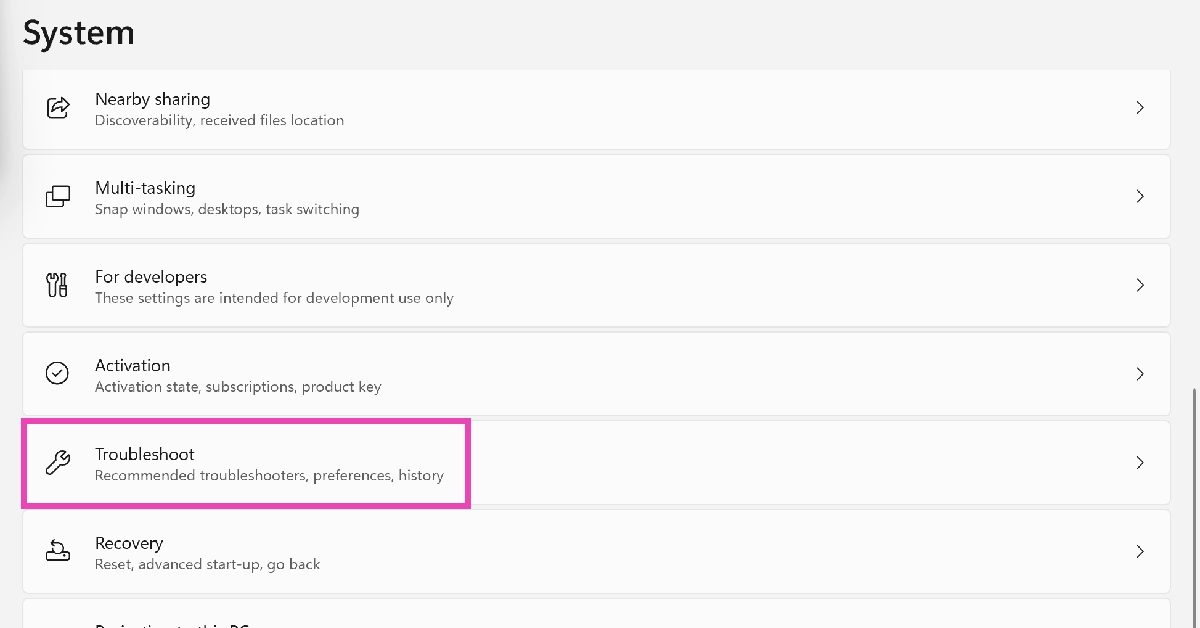 Step 2: Scroll down and click on Troubleshoot.
