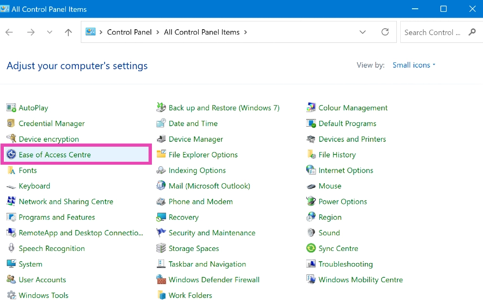 Step 1: Open Control Panel and select Ease of Access.