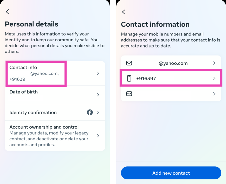 Step 5: Tap on Contact info and select the phone number you want to remove. Top 2 Ways to Remove Phone Number from Facebook (2024)