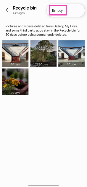 Step 4: This is where you will find your recently deleted images. Tap on the ellipses and select Empty to clear the folder. Best 4 Ways to Find the Recycle Bin or Trash Folder on Android