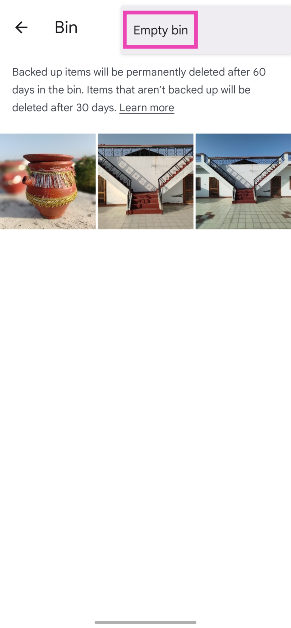 Step 4: This is where you will find your recently deleted images. Tap the ellipses and select Empty bin to clear the folder.