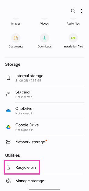 Step 2: Scroll down and select Bin/Recently deleted.