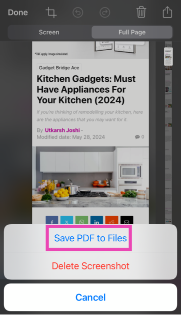 Step 4: Tap on Save screenshot to Files.