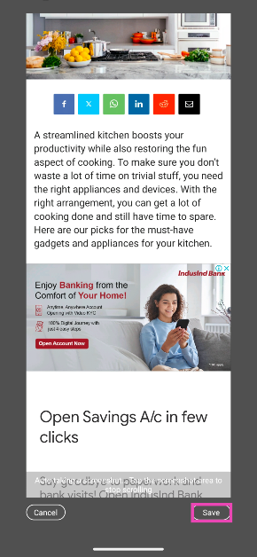 Step 3: Your phone will automatically start scrolling down the webpage to take a screenshot. Hit Save whenever you want to end the screenshot.