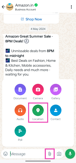Step 2: Hit the attachment icon in the message box and select Location.