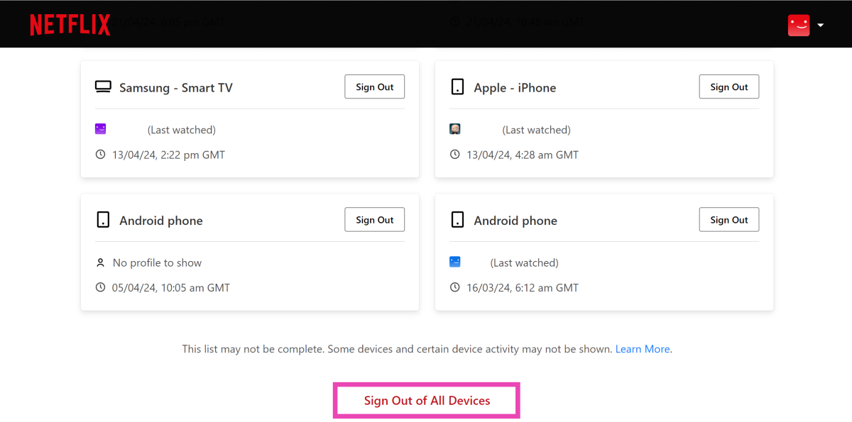 Step 4: Click on Sign Out of All Devices.