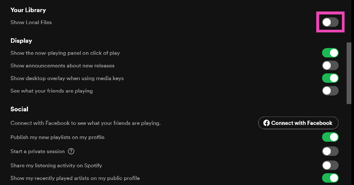 Step 3: Turn on the toggle switch for Show Local Files. Top 2 ways to add local files to Spotify? (2024)