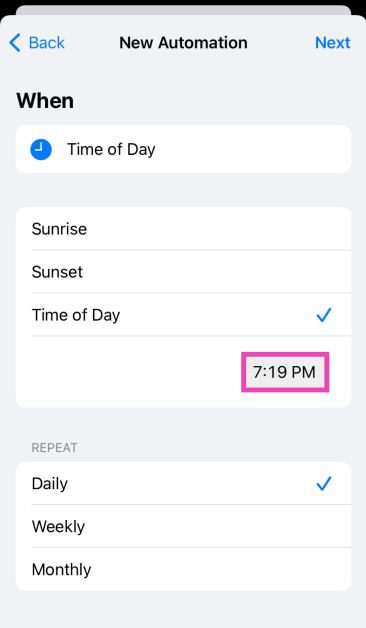 Step 4: Tap on the time in the ‘Time of Day’ section and enter the time at which you want to send the message.