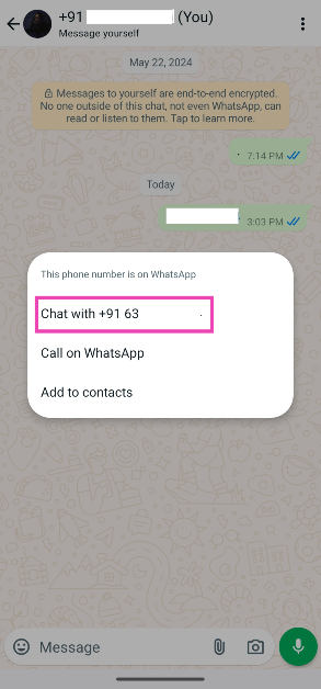 Step 3: Tap on the number and select Chat with [phone number].