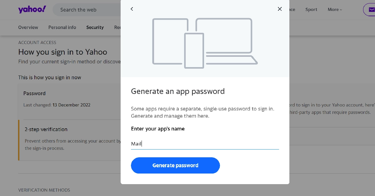 Step 4: Enter ‘Mail’ in the app name field and hit Generate password. Top 5 Ways to Fix Yahoo Mail Not Working On iPhone (2024)