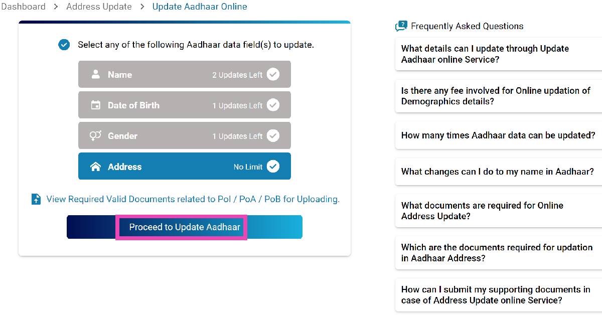 Step 5: Select the field you wish to update (in this case, address). How to change the details and address on your Aadhar Card online?