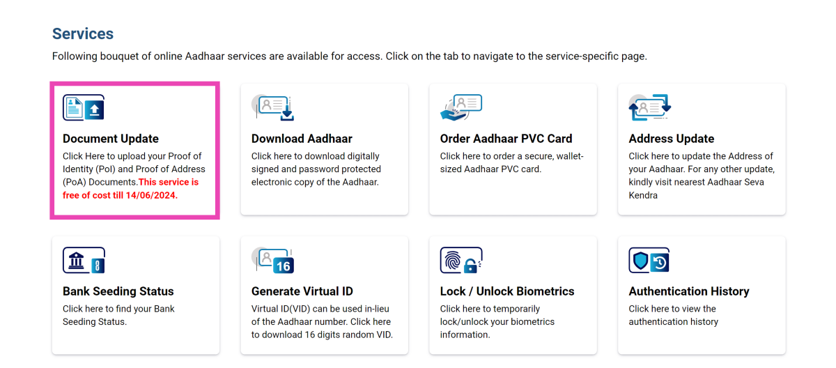 Step 2: Click on Update Documents. How to change the details and address on your Aadhar Card online?