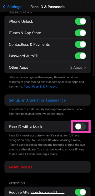 Step 2: Turn on the toggle switch for Face ID with a Mask.
