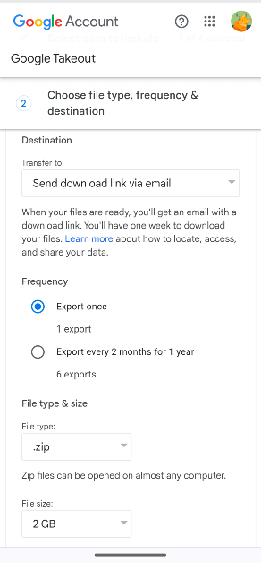 Step 6: Choose the destination, frequency, and file type & size. Click on Create export.