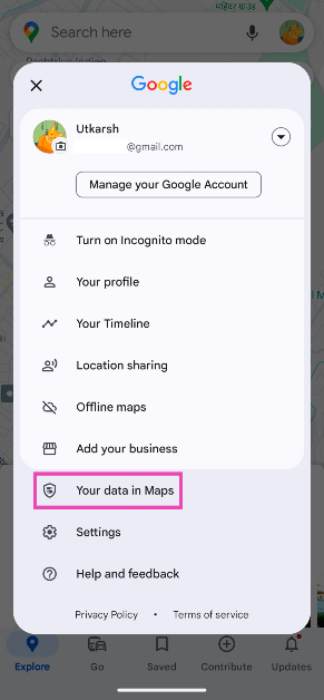 Step 2: Hit your profile picture at the top right corner of the screen and select Your data in Maps.