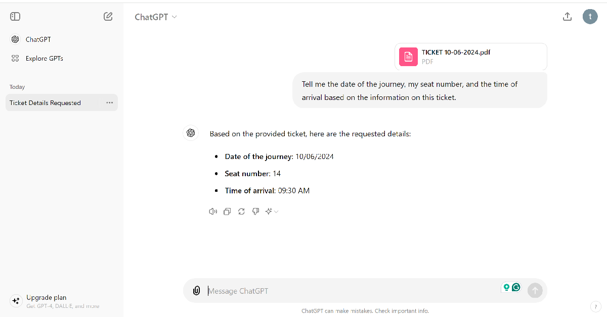 Step 4: Hit Enter. ChatGPT will analyse the PDF and answer your question.