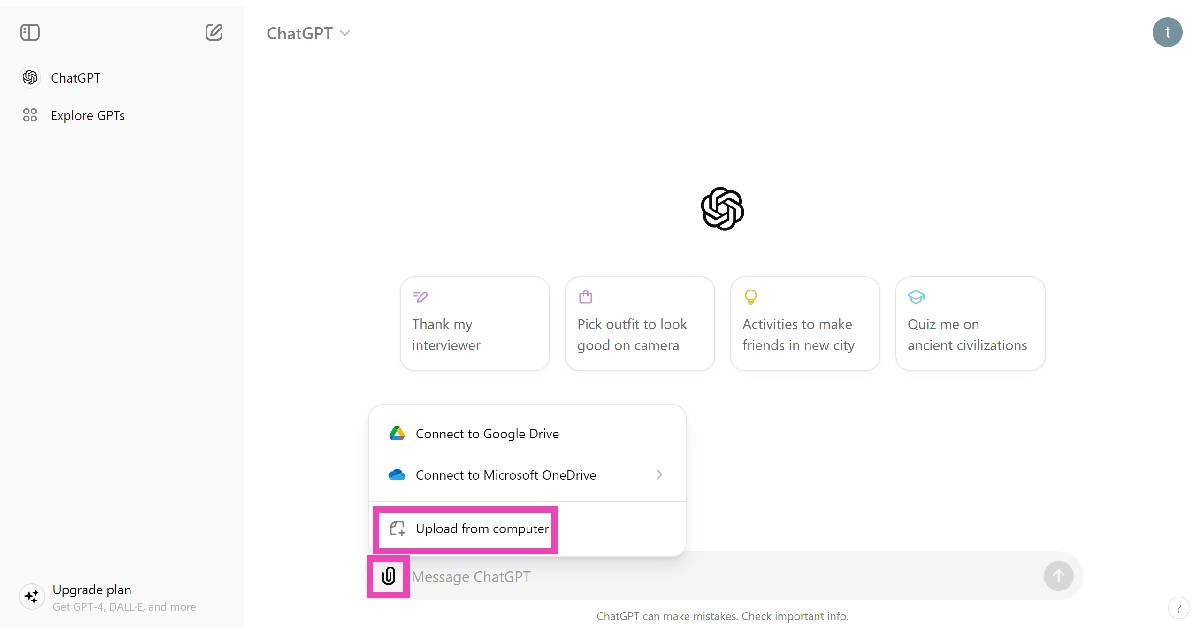 Step 2: Click on the attachment icon and choose whether you want to upload the PDF from Google Drive, Microsoft OneDrive, or your PC’s local memory.