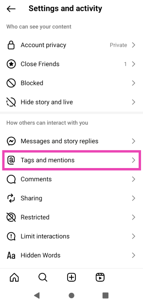 Step 2: Hit the hamburger menu at the top right corner of the screen and select Tags and mentions.