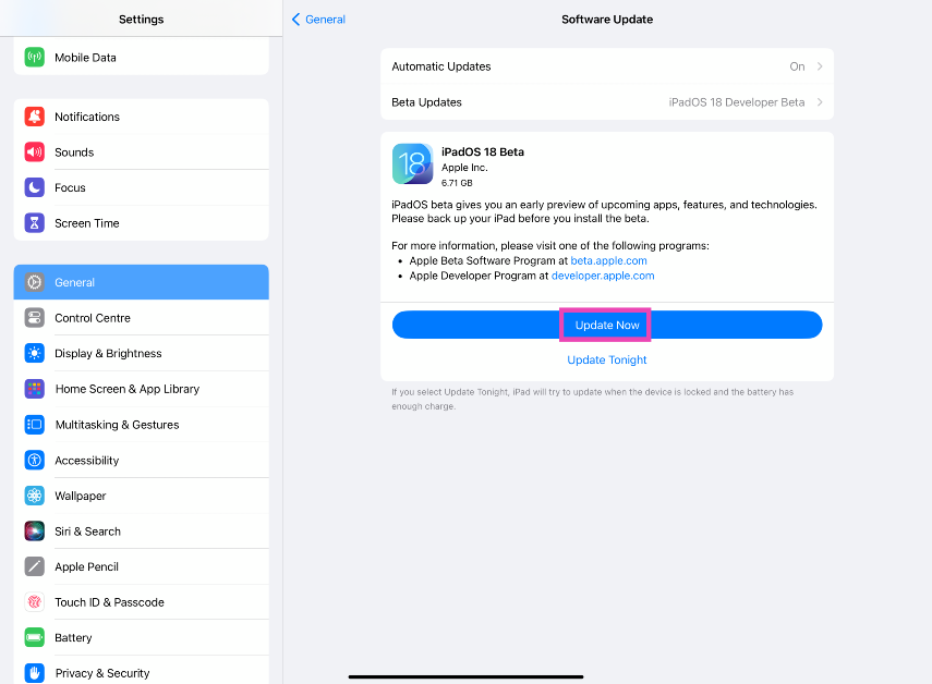 Step 9: Go back and hit Update Now. How to Install iPadOS 18 Developer Beta on your iPad?