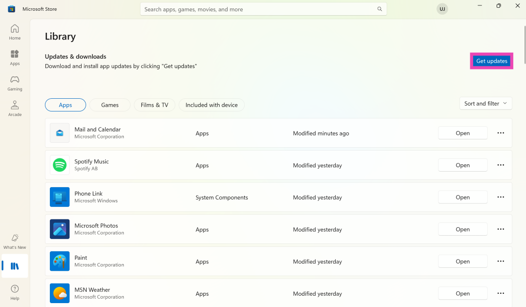 Step 3: Click on Get Updates. This is where you'll find pending updates for the apps as well as the Microsoft Store.