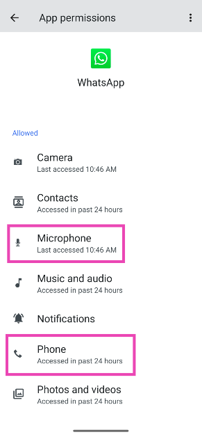 Step 4: Make sure WhatsApp has access to Phone and Microphone.