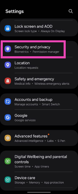 Step 1: Go to Settings and tap on Security and privacy. How to enable sideloading on new Samsung phones (2024)