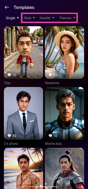 Step 4: Select the Style, Gender, and Theme from the top menu.