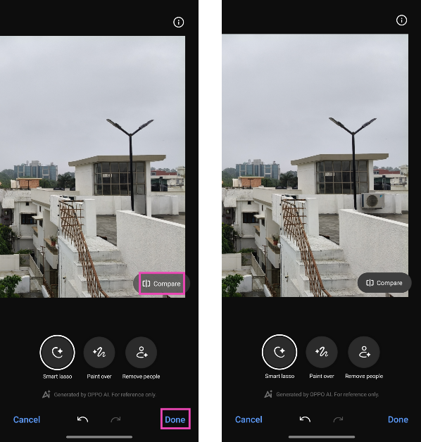 Step 6: Hit Compare to analyse the ‘before’ and ‘after’ images. How to use the AI Eraser tool on Oppo smartphones