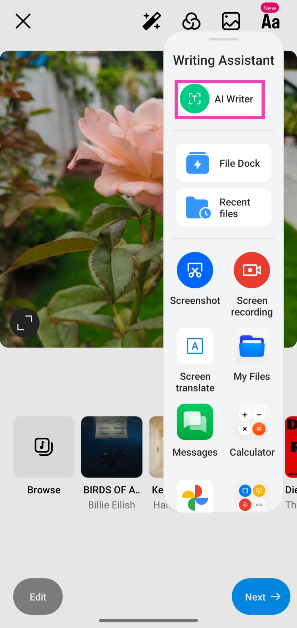 Step 3: Tap on AI Writer. The tool will scan the screen for the image you have chosen.