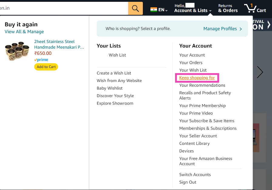 Step 2: However the cursor over Accounts & Lists and select Keep Shopping For or Browsing History. How to Find Your Archived Orders and Browsing History on Amazon (2024)