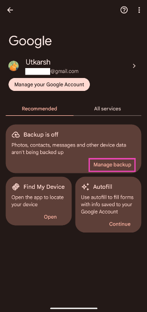 Step 2: Tap on Manage backup.