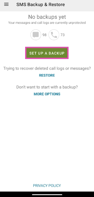 Step 4: Tap on Set up a Backup.