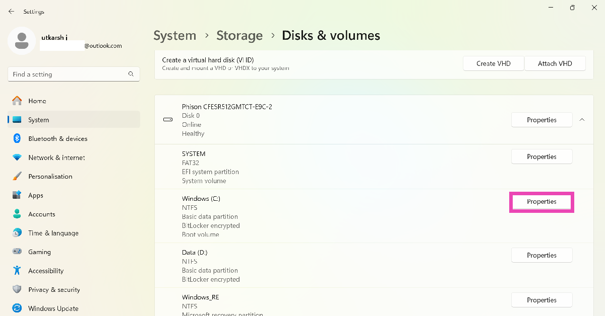 Step 4: Click on Properties next to the encrypted drive. Top 3 ways to turn off BitLocker in Windows 10 and 11 (2024)