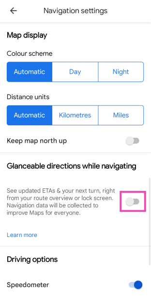 Step 5: Turn on the toggle switch for Glanceable directions while driving.