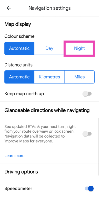 Step 4: Select Night in the Colour Scheme settings.
